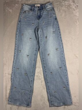 OAT Rhinestone Bows Coquette Wide Leg High Rise Cotton Blend Denim
blue Jeans 25